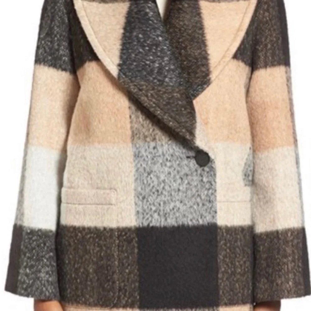 BADGLEY MISCHKA 'Maxine' Plaid Longline Wool Coat, tan/black/white